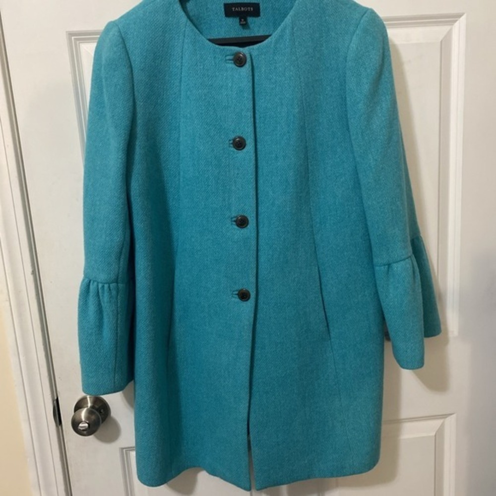 Talbots Sea Green Fancy Jacket size 12 Ruffled Sleeve Wool Blend 3713